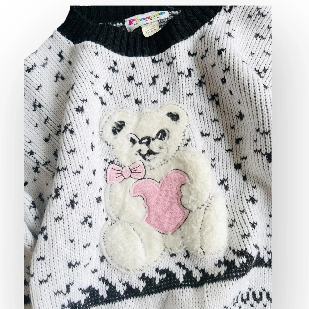 Vintage Picamo White Black Knit 3D Teddy Bear Heart Sweater Girls 5/6 80s Retro